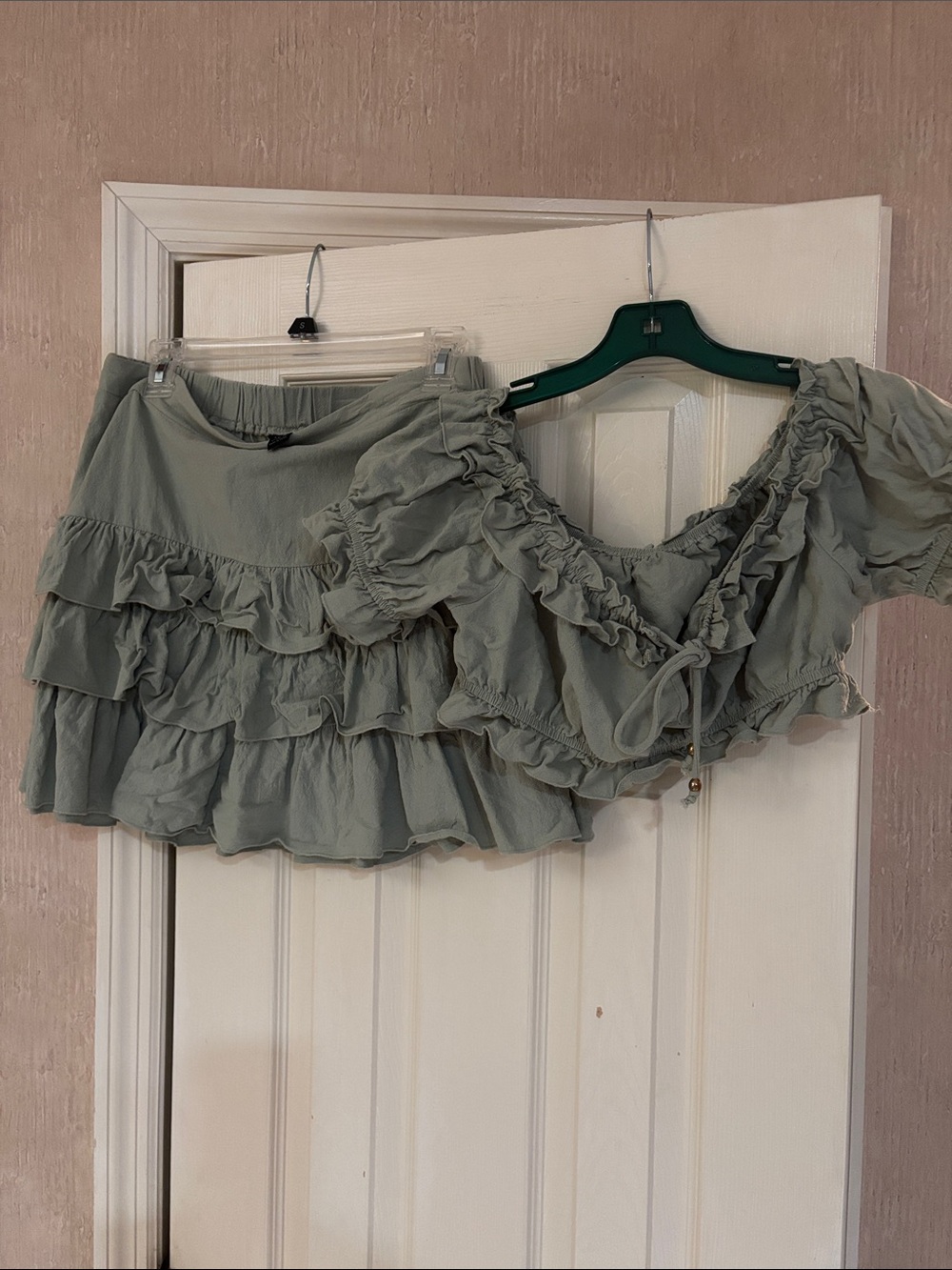 SHEIN Sage Ruffle Mini Skirt and ruffle front tie crop top